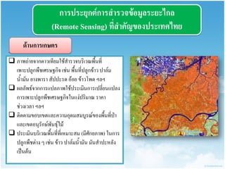 กำรประยุกต์กำรสำรวจข้อมูลระยะไกล 
(Remote Sensing) ที่สำคัญของประเทศไทย 
ด้ำนกำรเกษตร 
· 
ภาพถ่ายจากดาวเทียมใช้สารวจบริเวณพื้นที่ เพาะปลูกพืชเศรษฐกิจ เช่น พื้นที่ปลูกข้าว ปาล์ม น้ามัน ยางพารา สัปปะรด อ้อย ข้าวโพด ฯลฯ 
ผลลัพธ์จากการแปลภาพใช้ประเมินการเปลี่ยนแปลง การเพาะปลูกพืชเศรษฐกิจในแง่ปริมาณ ราคา ช่วงเวลา ฯลฯ 
ติดตามขอบเขตและความอุดมสมบูรณ์ของพื้นที่ป่า และเขตอนุรักษ์พันธุ์ไม้ 
ประเมินบริเวณพื้นที่ที่เหมาะสม (มีศักยภาพ) ในการ ปลูกพืชต่าง ๆ เช่น ข้าว ปาล์มน้ามัน มันสาปะหลัง เป็นต้น  