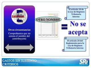 GASTOS SIN SUSTENTO CRITERIOS El artículo 20 del Reglamento para la Ley de Régimen Tributario Interno  El artículo 10 de la Ley de Régimen Tributario Interno  