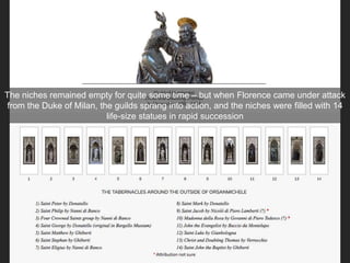 The niches remained empty for quite some time – but when Florence came under attack
from the Duke of Milan, the guilds sprang into action, and the niches were filled with 14
life-size statues in rapid succession
 