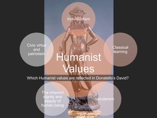 Humanist
Values
Individualism
Classical
learning
Secularism
The inherent
dignity and
beauty of
human being
Civic virtue
and
patriotism
Which Humanist values are reflected in Donatello’s David?
 