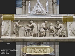 Guild of Stone and Wood
Masters, Four Crowned Saints,
1414-1417
Nanni di Banco
Nanni di Banco completed the Four Crowned Martyrs for the Guild of Stone
and Wood Masters, whose trade is represented in the relief decorating the
base
Stonemasons
Sculptors
 