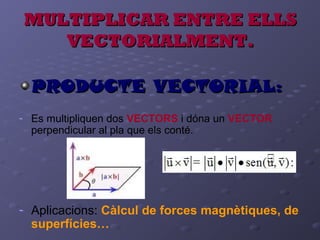 MULTIPLICAR ENTRE ELLSMULTIPLICAR ENTRE ELLS
VECTORIALMENT.VECTORIALMENT.
PRODUCTE VECTORIAL:PRODUCTE VECTORIAL:
- Es multipliquen dos VECTORS i dóna un VECTOR
perpendicular al pla que els conté.
- Aplicacions: Càlcul de forces magnètiques, de
superfícies…
 