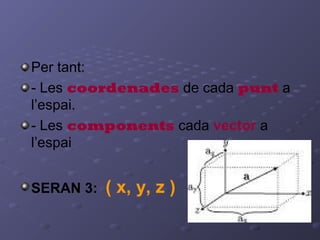 Per tant:
- Les coordenades de cada punt a
l’espai.
- Les components cada vector a
l’espai
SERAN 3: ( x, y, z )
 