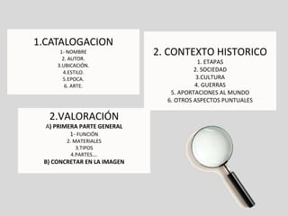 1.CATALOGACION 1- NOMBRE 2. AUTOR. 3.UBICACIÓN. 4.ESTILO. 5.EPOCA. 6. ARTE. 2.VALORACIÓN A ) PRIMERA PARTE GENERAL 1-  FUNCIÓN 2. MATERIALES 3.TIPOS 4.PARTES…. B) CONCRETAR EN LA IMAGEN 2. CONTEXTO HISTORICO 1. ETAPAS 2. SOCIEDAD 3.CULTURA 4. GUERRAS 5. APORTACIONES AL MUNDO 6. OTROS ASPECTOS PUNTUALES 