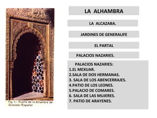 LA  ALHAMBRA LA  ALCAZABA. JARDINES DE GENERALIFE EL PARTAL PALACIOS NAZARIES. PALACIOS NAZARIES: 1.EL MEXUAR. 2.SALA DE DOS HERMANAS. 3. SALA DE LOS ABENCERRAJES. 4.PATIO DE LOS LEONES. 5.PALACIO DE COMARES. 6. SALA DE LAS MUJERES. 7. PATIO DE ARAYENES. 