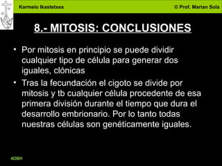 Karmelo Ikastetxea © Prof. Marian Sola
4DBH
22
8.- MITOSIS: CONCLUSIONES
• Por mitosis en principio se puede dividir
cualquier tipo de célula para generar dos
iguales, clónicas
• Tras la fecundación el cigoto se divide por
mitosis y tb cualquier célula procedente de esa
primera división durante el tiempo que dura el
desarrollo embrionario. Por lo tanto todas
nuestras células son genéticamente iguales.
 