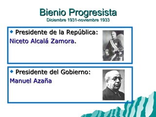 Bienio Progresista Diciembre 1931-noviembre 1933 Presidente de la República: Niceto Alcalá Zamora . Presidente del Gobierno: Manuel Azaña 