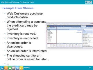 IBM Rational Software Conference 2009


Example User Stories
   • Web Customers purchase
     products online.
   • When attempting a purchase,
     the credit card may be
     rejected.
   • Inventory is received.
   • Inventory is reconciled.
   • An online order is
     abandoned.
   • An online order is interrupted.
   • The shopping cart for an
     online order is saved for later.
   • ...
                         RDM02          19
 