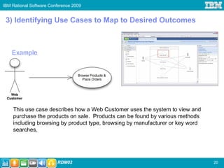 IBM Rational Software Conference 2009


 3) Identifying Use Cases to Map to Desired Outcomes



    Example




    This use case describes how a Web Customer uses the system to view and
    purchase the products on sale. Products can be found by various methods
    including browsing by product type, browsing by manufacturer or key word
    searches.




                         RDM02                                                 20
 
