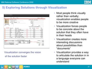 IBM Rational Software Conference 2009


 5) Exploring Solutions through Visualization
                                        • Most people think visually
                                          rather than verbally;
                                          visualization enables people
                                          to be more creative
                                        • Visualization forces people
                                          to be concrete about the
                                          solution that they often have
                                          in their heads
                                        • Visualization creates more
                                          interesting discussions
                                          about possibilities than
                                          “documents”
   Visualization converges the vision   • Visualization provides a way
    of the solution faster                to articulate the solution in in
                                          a language everyone can
                                          understand
                         RDM02                                           21
 