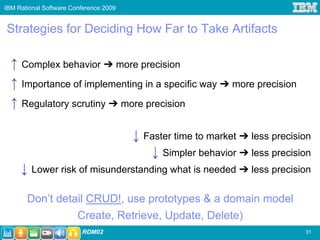 IBM Rational Software Conference 2009


Strategies for Deciding How Far to Take Artifacts

  ↑ Complex behavior ➔ more precision
  ↑ Importance of implementing in a specific way ➔ more precision
  ↑ Regulatory scrutiny ➔ more precision

                                        ↓ Faster time to market ➔ less precision
                                           ↓ Simpler behavior ➔ less precision
     ↓ Lower risk of misunderstanding what is needed ➔ less precision

       Don’t detail CRUD!, use prototypes & a domain model
                 Create, Retrieve, Update, Delete)
                         RDM02                                                31
 
