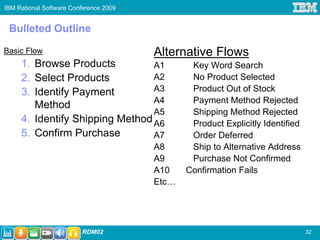 IBM Rational Software Conference 2009


 Bulleted Outline

Basic Flow                              Alternative Flows
     1. Browse Products          A1             Key Word Search
     2. Select Products          A2             No Product Selected
     3. Identify Payment         A3             Product Out of Stock
                                 A4             Payment Method Rejected
        Method
                                 A5             Shipping Method Rejected
     4. Identify Shipping Method A6             Product Explicitly Identified
     5. Confirm Purchase         A7             Order Deferred
                                        A8      Ship to Alternative Address
                                        A9      Purchase Not Confirmed
                                        A10    Confirmation Fails
                                        Etc…




                         RDM02                                                  32
 