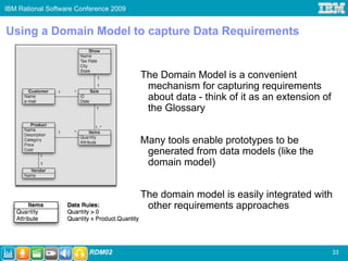 IBM Rational Software Conference 2009


Using a Domain Model to capture Data Requirements


                                        The Domain Model is a convenient
                                         mechanism for capturing requirements
                                         about data - think of it as an extension of
                                         the Glossary


                                        Many tools enable prototypes to be
                                         generated from data models (like the
                                         domain model)


                                        The domain model is easily integrated with
                                         other requirements approaches



                         RDM02                                                         33
 