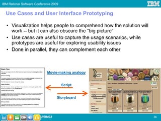 IBM Rational Software Conference 2009


  Use Cases and User Interface Prototyping

  • Visualization helps people to comprehend how the solution will
    work -- but it can also obscure the “big picture”
  • Use cases are useful to capture the usage scenarios, while
    prototypes are useful for exploring usability issues
  • Done in parallel, they can complement each other



                             Movie-making analogy


                                        Script


                                    Storyboard




                         RDM02                                       36
 