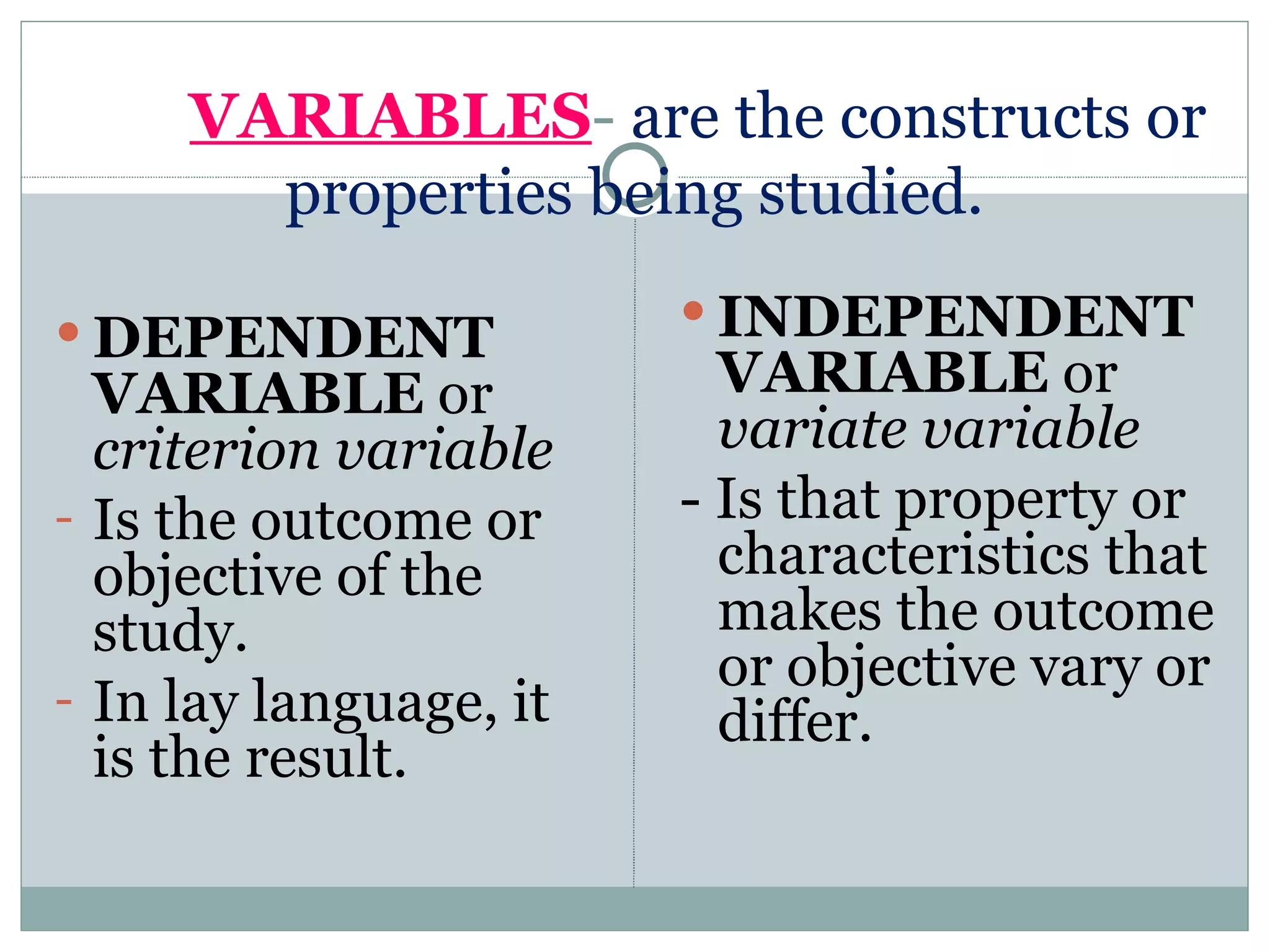 VARIABLES -  are the constructs or properties being studied. DEPENDENT VARIABLE  or  criterion variable Is the outcome or objective of the study. In lay language, it is the result. INDEPENDENT VARIABLE  or  variate variable - Is that property or characteristics that makes the outcome or objective vary or differ. 
