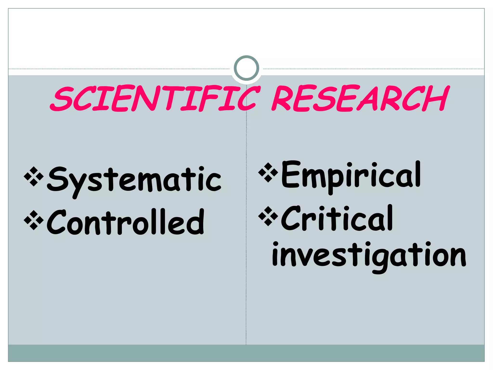 SCIENTIFIC RESEARCH Systematic Controlled Empirical Critical investigation 