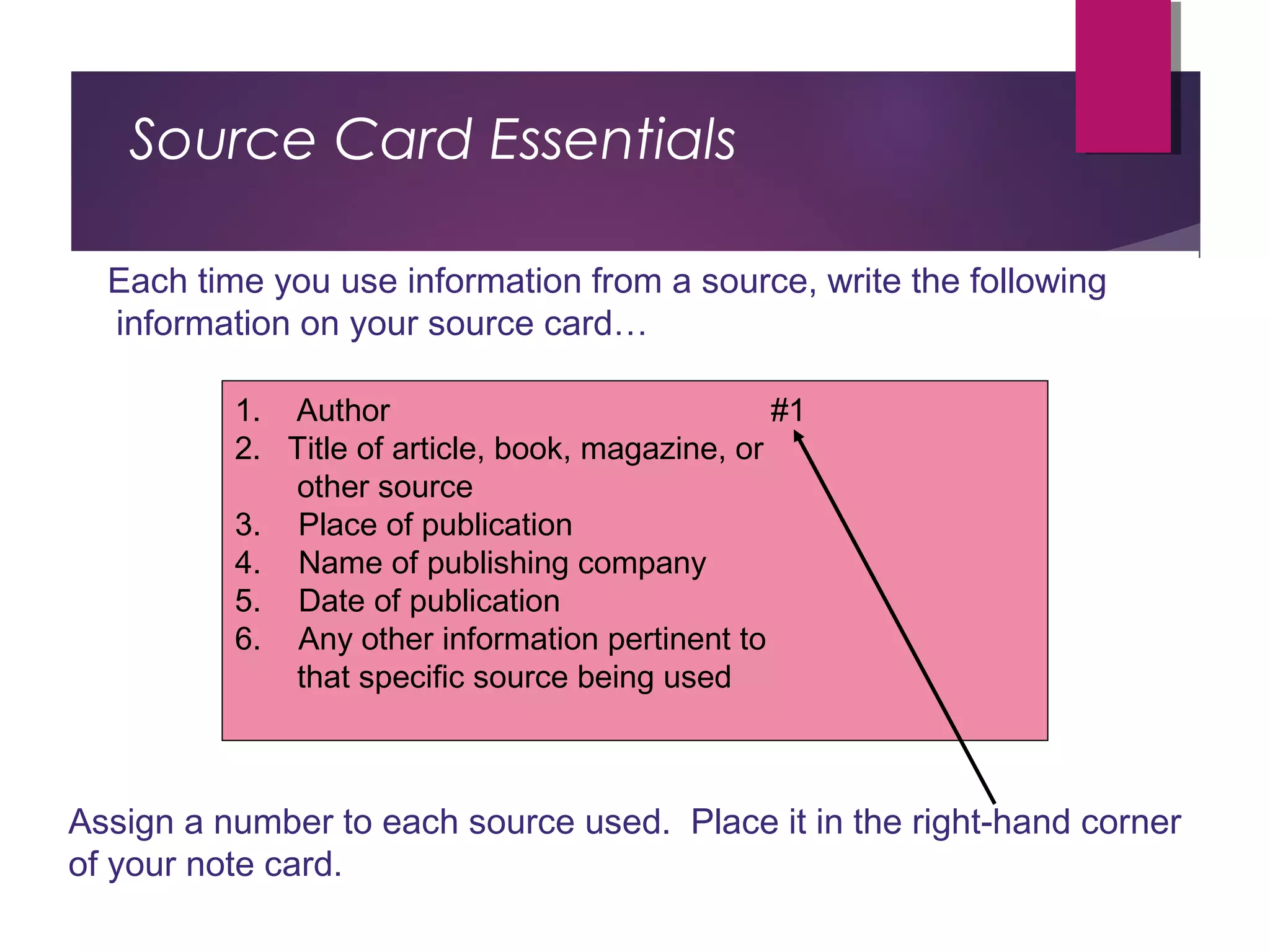 1. Author #1
2. Title of article, book, magazine, or
other source
3. Place of publication
4. Name of publishing company
5. Date of publication
6. Any other information pertinent to
that specific source being used
Source Card Essentials
Each time you use information from a source, write the following
information on your source card…
Assign a number to each source used. Place it in the right-hand corner
of your note card.