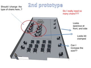 Looks spacious at front, and side Looks bit cramped Should I change  the type of chairs here..? Can I increase the size?? Do I really need so many chairs??? 