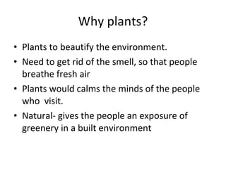 Why plants? Plants to beautify the environment. Need to get rid of the smell, so that people breathe fresh air Plants would calms the minds of the people who  visit. Natural- gives the people an exposure of greenery in a built environment 