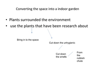 Converting the space into a indoor garden Plants surrounded the environment use the plants that have been research about Bring in to the space Cut down the unhygienic Cut down the smells From the rubbish chute 
