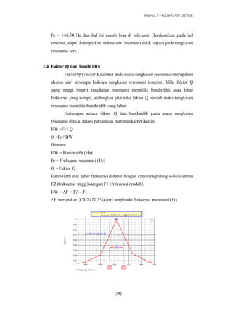 MODUL 2 – RESONANSI LISTRIK
Fr = 144,54 Hz dan hal ini masih bisa di toleransi. Berdasarkan pada hal
tersebut, dapat disimpulkan bahwa anti resonansi tidak terjadi pada rangkaian
resonansi seri.
2.4 Faktor Q dan Bandwidth
Faktor Q (Faktor Kualitas) pada suatu rangkaian resonansi merupakan
ukuran dari seberapa baiknya rangkaian resonansi tersebut. Nilai faktor Q
yang tinggi berarti rangkaian resonansi memiliki bandwidth atau lebar
frekuensi yang sempit, sedangkan jika nilai faktor Q rendah maka rangkaian
resonansi memiliki bandwidth yang lebar.
Hubungan antara faktor Q dan bandwidth pada suatu rangkaian
resonansi ditulis dalam persamaan matematika berikut ini.
BW =Fr / Q
Q =Fr / BW
Dimana:
BW = Bandwidth (Hz)
Fr = Frekuensi resonansi (Hz)
Q = Faktor Q
Bandwidth atau lebar frekuensi didapat dengan cara menghitung selisih antara
F2 (frekuensi tinggi) dengan F1 (frekuensi rendah).
BW = ∆F = F2 – F1
∆F merupakan 0,707 (70,7%) dari amplitudo frekuensi resonansi (Fr)
[28]
 