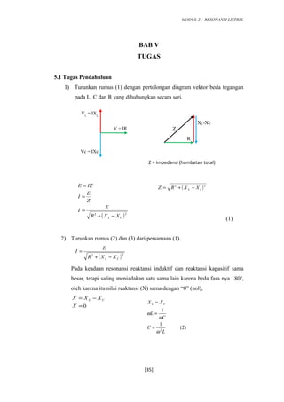 MODUL 2 – RESONANSI LISTRIK
BAB V
TUGAS
5.1 Tugas Pendahuluan
1) Turunkan rumus (1) dengan pertolongan diagram vektor beda tegangan
pada L, C dan R yang dihubungkan secara seri.
( )22
cL XXRZ −+=
(1)
2) Turunkan rumus (2) dan (3) dari persamaan (1).
( )22
CL XXR
E
I
−+
=
Pada keadaan resonansi reaktansi induktif dan reaktansi kapasitif sama
besar, tetapi saling meniadakan satu sama lain karena beda fasa nya 180o
,
oleh karena itu nilai reaktansi (X) sama dengan “0” (nol),
0=
−=
X
XXX CL
[35]
ZV = IR
VL
= IXL
Vc = IXc
Z = impedansi (hambatan total)
R
XL-Xc
( )22
CL XXR
E
I
Z
E
I
IZE
−+
=
=
=
)2(
1
1
2
L
C
C
L
XX CL
ω
ω
ω
=
=
=
 