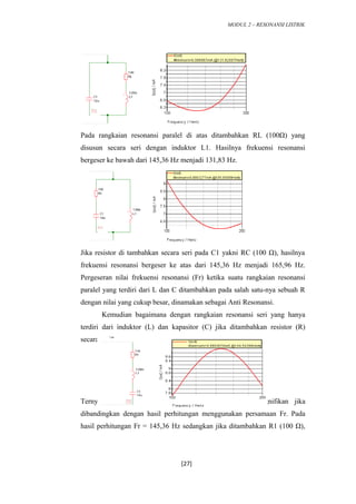 MODUL 2 – RESONANSI LISTRIK
Pada rangkaian resonansi paralel di atas ditambahkan RL (100Ω) yang
disusun secara seri dengan induktor L1. Hasilnya frekuensi resonansi
bergeser ke bawah dari 145,36 Hz menjadi 131,83 Hz.
Jika resistor di tambahkan secara seri pada C1 yakni RC (100 Ω), hasilnya
frekuensi resonansi bergeser ke atas dari 145,36 Hz menjadi 165,96 Hz.
Pergeseran nilai frekuensi resonansi (Fr) ketika suatu rangkaian resonansi
paralel yang terdiri dari L dan C ditambahkan pada salah satu-nya sebuah R
dengan nilai yang cukup besar, dinamakan sebagai Anti Resonansi.
Kemudian bagaimana dengan rangkaian resonansi seri yang hanya
terdiri dari induktor (L) dan kapasitor (C) jika ditambahkan resistor (R)
secara seri?
Ternyata pergeseran frekuensi resonansi tidak terlalu signifikan jika
dibandingkan dengan hasil perhitungan menggunakan persamaan Fr. Pada
hasil perhitungan Fr = 145,36 Hz sedangkan jika ditambahkan R1 (100 Ω),
[27]
 