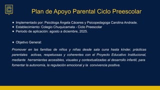 Plan de Apoyo Parental Ciclo Preescolar
● Implementado por: Psicóloga Ángela Cáceres y Psicopedagoga Carolina Andrade.
● Establecimiento: Colegio Chuquicamata - Ciclo Preescolar
● Periodo de aplicación: agosto a diciembre, 2025.
● Objetivo General:
Promover en las familias de niños y niñas desde sala cuna hasta kínder, prácticas
parentales activas, respetuosas y coherentes con el Proyecto Educativo Institucional,
mediante herramientas accesibles, visuales y contextualizadas al desarrollo infantil, para
fomentar la autonomía, la regulación emocional y la convivencia positiva.
 