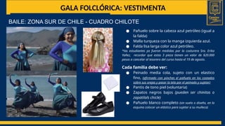GALA FOLCLÓRICA: VESTIMENTA
BAILE: ZONA SUR DE CHILE - CUADRO CHILOTE
● Pañuelo sobre la cabeza azul petróleo (igual a
la falda)
● Malla turqueza con la manga izquierda azul.
● Falda lisa larga color azul petróleo.
*las estudiantes ya fueron medidas por la costurera Sra. Erika
Yañez, recordar que estas 3 pieza tienen un valor de $20.000
pesos a cancelar al tesorero del curso hasta el 19 de agosto.
Cada familia debe ver:
● Peinado media cola, sujeto con un elastico
fino, (afirmado con pinches el pañuelo en los costados
sobre sus orejas y pasar la tela por el peinado y sujetar)
● Pantis de tono piel (voluntaria)
● Zapatos negros bajos (pueden ser chinitas o
zapatilals chicle)
● Pañuelo blanco completo (sin vuelo o diseño, en la
esquina colocar un elástico para sujetar a su muñeca)
 