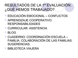 RESULTADOS DE LA 1ª EVALUACIÓN:
¿QUÉ HEMOS TRABAJADO?
 EDUCACIÓN   EMOCIONAL – CONFLICTOS
 APRENDIZAJE COOPERATIVO:
  RESPONSABILIDADES
 CURRICULAR: ASISTENCIA
 BLOG
 CUADERNO: COORDINACIÓN ESCUELA –
  FAMILIA. COLABORACIÓN DE LAS FAMILIAS.
  SUGERENCIAS.
 BIBLIOTECA VIAJERA
 