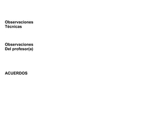 Observaciones
Técnicas
Observaciones
Del profesor(a)
ACUERDOS
 