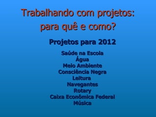 Trabalhando com projetos:
    para quê e como?
      Projetos para 2012
          Saúde na Escola
                Água
           Meio Ambiente
         Consciência Negra
              Leitura
            Navegantes
               Rotary
      Caixa Econômica Federal
              Música
 