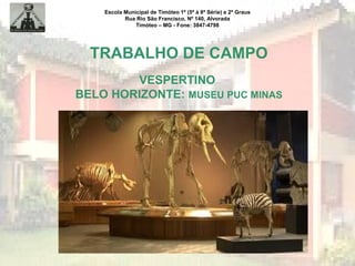 Escola Municipal de Timóteo 1º (5ª à 8ª Série) e 2º Graus
Rua Rio São Francisco, Nº 140, Alvorada
Timóteo – MG - Fone: 3847-4798
TRABALHO DE CAMPO
VESPERTINO
BELO HORIZONTE: MUSEU PUC MINAS
 