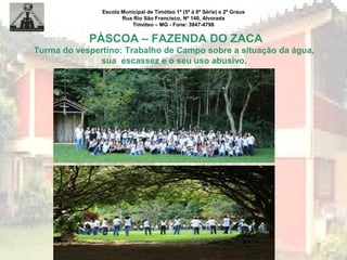 Escola Municipal de Timóteo 1º (5ª à 8ª Série) e 2º Graus
Rua Rio São Francisco, Nº 140, Alvorada
Timóteo – MG - Fone: 3847-4798
PÁSCOA – FAZENDA DO ZACA
Turma do vespertino: Trabalho de Campo sobre a situação da água,
sua escassez e o seu uso abusivo.
 