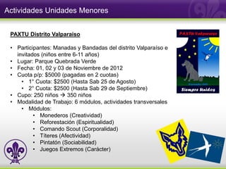 Actividades Unidades Menores


 PAXTU Distrito Valparaíso

 • Participantes: Manadas y Bandadas del distrito Valparaíso e
   invitados (niños entre 6-11 años)
 • Lugar: Parque Quebrada Verde
 • Fecha: 01, 02 y 03 de Noviembre de 2012
 • Cuota p/p: $5000 (pagadas en 2 cuotas)
     • 1° Cuota: $2500 (Hasta Sab 25 de Agosto)
     • 2° Cuota: $2500 (Hasta Sab 29 de Septiembre)
 • Cupo: 250 niños  350 niños
 • Modalidad de Trabajo: 6 módulos, actividades transversales
     • Módulos:
          • Monederos (Creatividad)
          • Reforestación (Espiritualidad)
          • Comando Scout (Corporalidad)
          • Títeres (Afectividad)
          • Pintatón (Sociabilidad)
          • Juegos Extremos (Carácter)
 