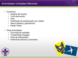 Actividades Unidades Menores


  • Incentivos:
      • Insignia del evento
      • Turco del evento
      • Foto
      • Certificado de participación por unidad
      • Album lobatos y golondrinas
      • Poster Paxtu

  • Otras Actividades:
     • Cine bajo las estrellas
     • Trinada Roja (Fogata)
     • Feria de Intercambio
     • Festival de danzas y canciones
 