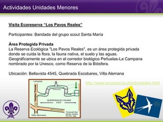 Actividades Unidades Menores


  Visita Ecoreserva “Los Pavos Reales”

  Participantes: Bandada del grupo scout Santa María

  Área Protegida Privada
  La Reserva Ecológica "Los Pavos Reales", es un área protegida privada
  donde se cuida la flora, la fauna nativa, el suelo y las aguas.
  Geográficamente se ubica en el corredor biológico Peñuelas-La Campana
  nombrado por la Unesco, como Reserva de la Biósfera.

  Ubicación: Bellavista 4545, Quebrada Escobares, Villa Alemana

                                          http://www.ecoreserva.cl/actividades.html
 