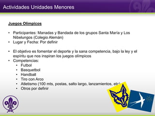 Actividades Unidades Menores


  Juegos Olímpicos

  • Participantes: Manadas y Bandada de los grupos Santa María y Los
    Nibelungos (Colegio Alemán)
  • Lugar y Fecha: Por definir

  • El objetivo es fomentar el deporte y la sana competencia, bajo la ley y el
    espíritu que nos inspiran los juegos olímpicos
  • Competencias:
     • Futbol
     • Basquetbol
     • Handball
     • Tiro con Arco
     • Atletismo (100 mts, postas, salto largo, lanzamientos, etc)
     • Otros por definir
 