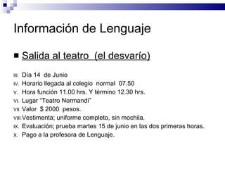 Información de Lenguaje Salida al teatro  (el desvarío) Día 14  de Junio Horario llegada al colegio  normal  07.50 Hora función 11.00 hrs. Y término 12.30 hrs. Lugar “Teatro Normandí” Valor  $ 2000  pesos. Vestimenta; uniforme completo, sin mochila. Evaluación; prueba martes 15 de junio en las dos primeras horas. Pago a la profesora de Lenguaje. 