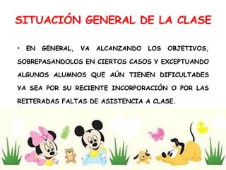 SITUACIÓN GENERAL DE LA CLASE EN GENERAL, VA ALCANZANDO LOS OBJETIVOS, SOBREPASANDOLOS EN CIERTOS CASOS Y EXCEPTUANDO ALGUNOS ALUMNOS QUE AÚN TIENEN DIFICULTADES YA SEA POR SU RECIENTE INCORPORACIÓN O POR LAS REITERADAS FALTAS DE ASISTENCIA A CLASE. 