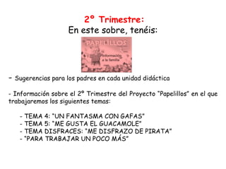 2º Trimestre: En este sobre, tenéis: Sugerencias para los padres en cada unidad didáctica Información sobre el 2º Trimestre del Proyecto “Papelillos” en el que trabajaremos los siguientes temas: TEMA 4: “UN FANTASMA CON GAFAS” TEMA 5: “ME GUSTA EL GUACAMOLE” TEMA DISFRACES: “ME DISFRAZO DE PIRATA” “ PARA TRABAJAR UN POCO MÁS” 