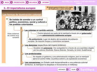PRESENTACIÓN        RECURSOS
                                                                                HISTORIA DEL MUNDO CONTEMPORÁNEO
 INICIO                                            INTERNET
                                                                                               TEMA 6

                                                        El teniente general británico de la región
3.- El imperialismo europeo                                de Punjab junto a varios maharajás



Las formas de dominación colonial

          Se trataba de someter a un control
          político, económico, social y cultural a
          los pueblos colonizados

                             Las colonias en sentido estricto
    Hubo sistemas                            Control absoluto por parte de la metrópoli a través de un gobernador
    de control muy                           y una administración totalmente europea
          variados
                                - De poblamiento. Lugar de destino del excedente de población
                                europea. Se imponen lengua y costumbres europeas.

                             Los dominios (específicos del imperio británico).
                                       Gozaban de autonomía. Con autogobierno a través de una asamblea elegida
                                       por los colonos (Australia, Nueva Zelanda, Canadá y la Unión Sudafricana).

                             Los protectorados
                                      Se respeta un gobierno y una administración indígena, pero la metrópoli
                                      ejerce el control militar, la política exterior y la explotación económica.

                             Las concesiones (un Estado cede temporalmente a una potencia colonial
                             territorios, la metrópoli no desplaza ni funcionarios ni militares)

                                                                          ANTERIOR             SALIR
                                                                                                       Santillana
 