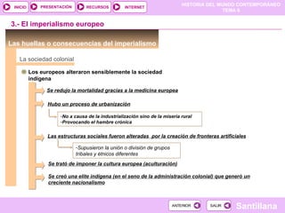 PRESENTACIÓN       RECURSOS
                                                                             HISTORIA DEL MUNDO CONTEMPORÁNEO
 INICIO                                            INTERNET
                                                                                            TEMA 6


3.- El imperialismo europeo

Las huellas o consecuencias del imperialismo

   La sociedad colonial

          Los europeos alteraron sensiblemente la sociedad
          indígena

                Se redujo la mortalidad gracias a la medicina europea

                Hubo un proceso de urbanización

                      -No a causa de la industrialización sino de la miseria rural
                      -Provocando el hambre crónica


                Las estructuras sociales fueron alteradas por la creación de fronteras artificiales

                             -Supusieron la unión o división de grupos
                             tribales y étnicos diferentes
                 Se trató de imponer la cultura europea (aculturación)

                 Se creó una elite indígena (en el seno de la administración colonial) que generó un
                 creciente nacionalismo



                                                                         ANTERIOR     SALIR
                                                                                              Santillana
 