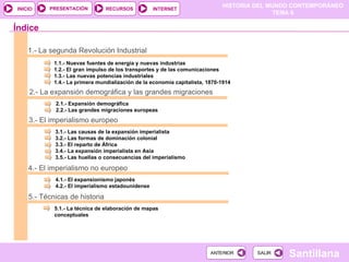 PRESENTACIÓN          RECURSOS
                                                                             HISTORIA DEL MUNDO CONTEMPORÁNEO
INICIO                                             INTERNET
                                                                                            TEMA 6

Índice

    1.- La segunda Revolución Industrial
            1.1.- Nuevas fuentes de energía y nuevas industrias
            1.2.- El gran impulso de los transportes y de las comunicaciones
            1.3.- Las nuevas potencias industriales
            1.4.- La primera mundialización de la economía capitalista, 1870-1914
    2.- La expansión demográfica y las grandes migraciones
            2.1.- Expansión demográfica
            2.2.- Las grandes migraciones europeas
    3.- El imperialismo europeo
            3.1.- Las causas de la expansión imperialista
            3.2.- Las formas de dominación colonial
            3.3.- El reparto de África
            3.4.- La expansión imperialista en Asia
            3.5.- Las huellas o consecuencias del imperialismo

    4.- El imperialismo no europeo
            4.1.- El expansionismo japonés
            4.2.- El imperialismo estadounidense

    5.- Técnicas de historia
            5.1.- La técnica de elaboración de mapas
            conceptuales




                                                                         ANTERIOR     SALIR
                                                                                              Santillana
 