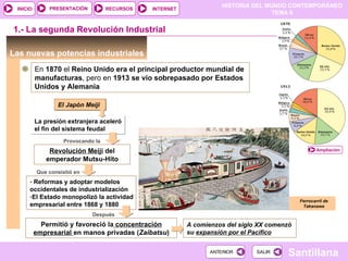 PRESENTACIÓN        RECURSOS
                                                                    HISTORIA DEL MUNDO CONTEMPORÁNEO
 INICIO                                       INTERNET
                                                                                   TEMA 6


1.- La segunda Revolución Industrial

Las nuevas potencias industriales
          En 1870 el Reino Unido era el principal productor mundial de
          manufacturas, pero en 1913 se vio sobrepasado por Estados
          Unidos y Alemania

                 El Japón Meiji

          La presión extranjera aceleró
          el fin del sistema feudal
                   Provocando la
              Revolución Meiji del                                                                  Ampliación

             emperador Mutsu-Hito
          Que consistió en
      - Reformas y adoptar modelos
      occidentales de industrialización
      -El Estado monopolizó la actividad
                                                                                            Ferrocarril de
      empresarial entre 1868 y 1880                                                          Takanawa

                              Después
            Permitió y favoreció la concentración        A comienzos del siglo XX comenzó
          empresarial en manos privadas (Zaibatsu)       su expansión por el Pacífico


                                                                ANTERIOR      SALIR
                                                                                        Santillana
 
