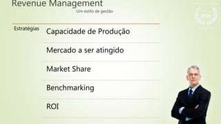 Revenue Management
Um estilo de gestão
Estratégias
Capacidade de Produção
Mercado a ser atingido
Market Share
Benchmarking
ROI