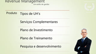 Revenue Management
Um estilo de gestão
Produto Tipos de UH’s
Serviços Complementares
Plano de Investimento
Plano de Treinamento
Pesquisa e desenvolvimento