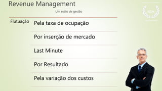 Revenue Management
Um estilo de gestão
Flutuação Pela taxa de ocupação
Por inserção de mercado
Last Minute
Por Resultado
Pela variação dos custos