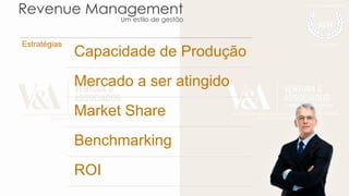Revenue Management
Um estilo de gestão
Estratégias
Capacidade de Produção
Mercado a ser atingido
Market Share
Benchmarking
ROI
 