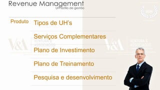 Revenue ManagementUm estilo de gestão
Produto Tipos de UH’s
Serviços Complementares
Plano de Investimento
Plano de Treinamento
Pesquisa e desenvolvimento
 